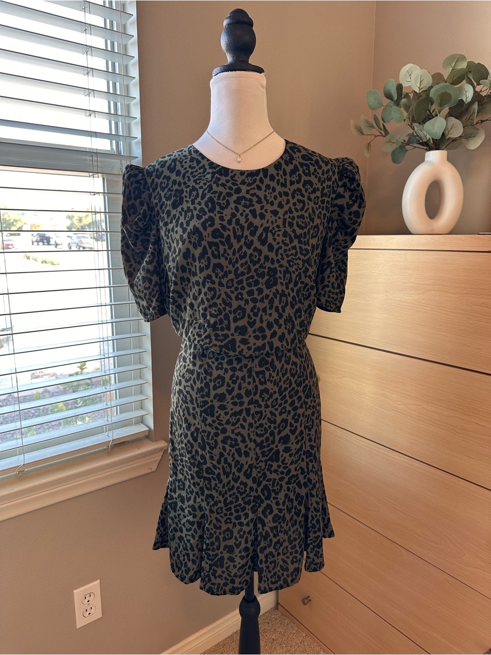 Express Olive Green and Black Leopard Print Puff Sleeve Midi Dress